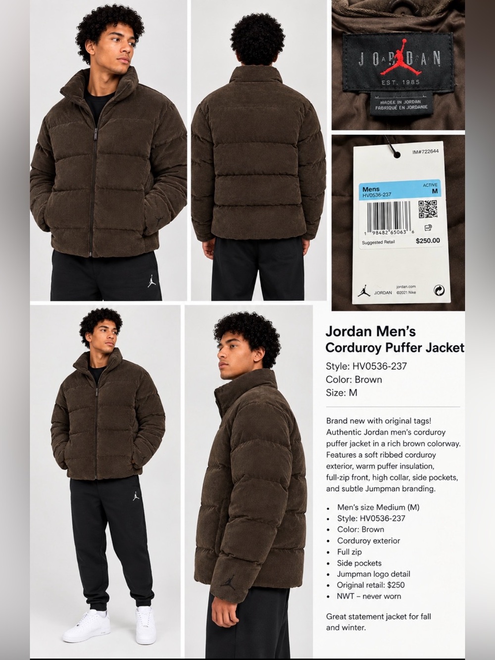 Jordan Men’s Corduroy Puffer Jacket Dark Brown HV0536-237 Size M NWT